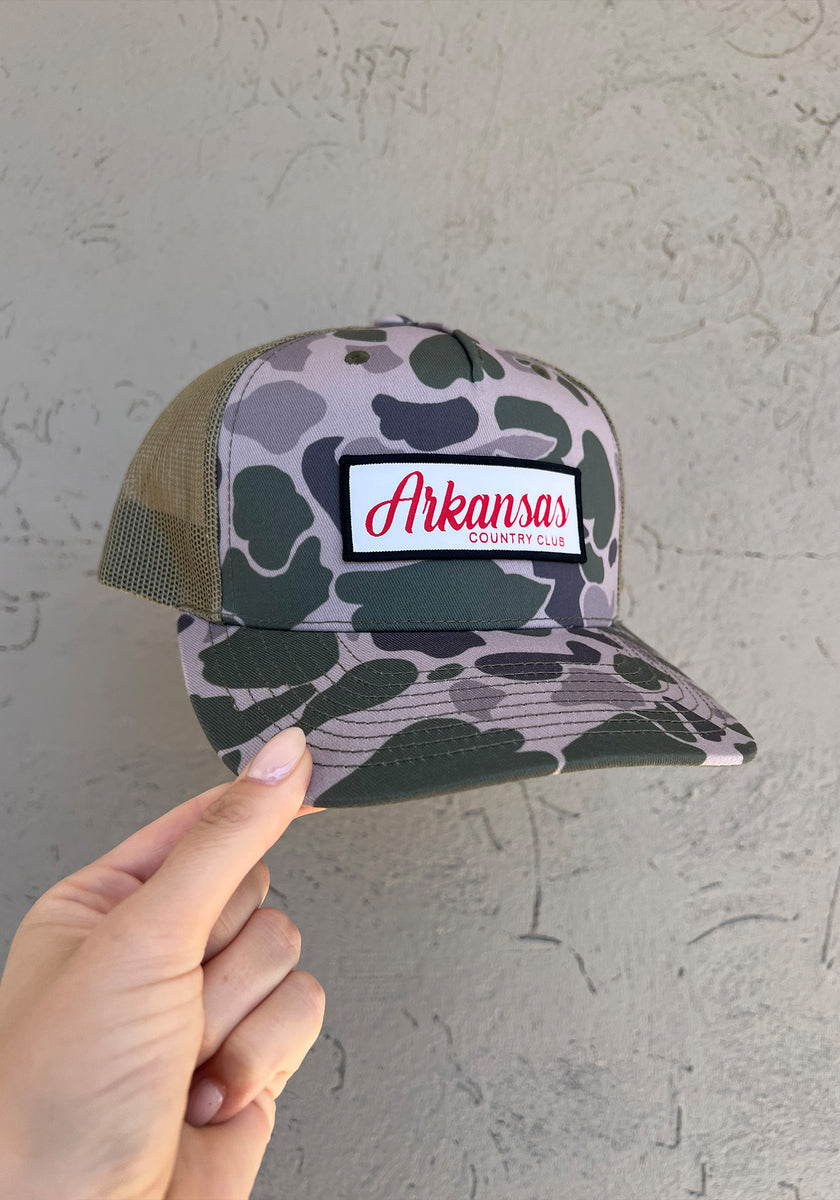 Custom Arkansas camo patch trucker hat Arkansas Local Crowns Icon Woodland State Patch Trucker  main image 4